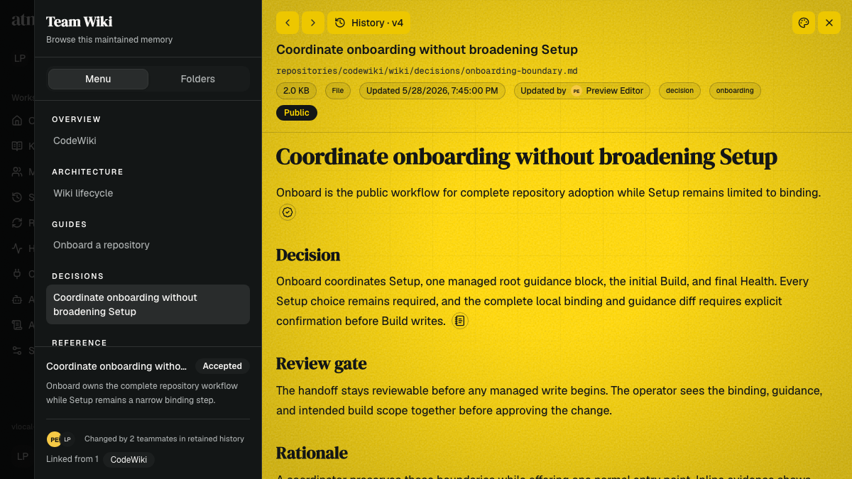 Atmina Team Wiki with a dark navigation rail and yellow reading surface showing a maintained decision